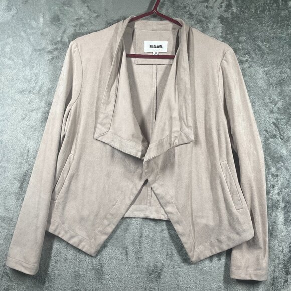 BB Dakota Jacket Womens Medium Beige Faux Suede Drape Front Pockets Casual - Picture 1 of 8